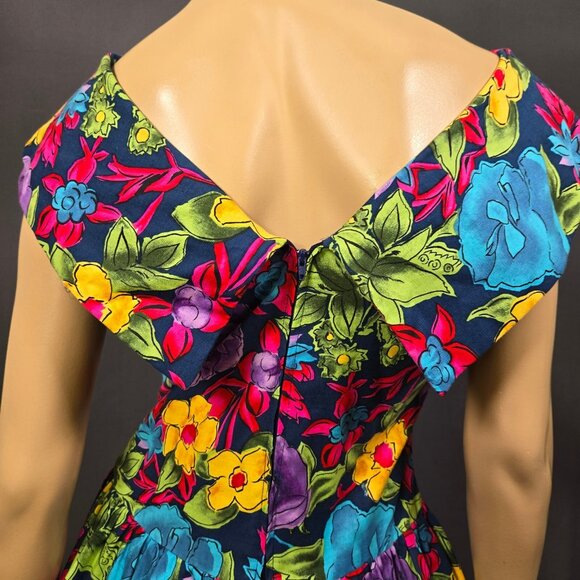 Vintage 80s Floral Swing Dress Size M Crinoline Fit Flare Summer Party Prom - Picture 10 of 12